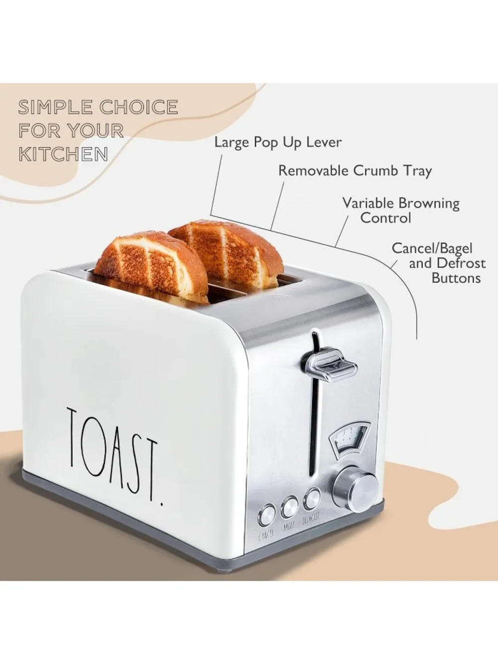 2 Slice White Wide Slot with 5 Browning Levels Stainless Steel Toaster Bagel